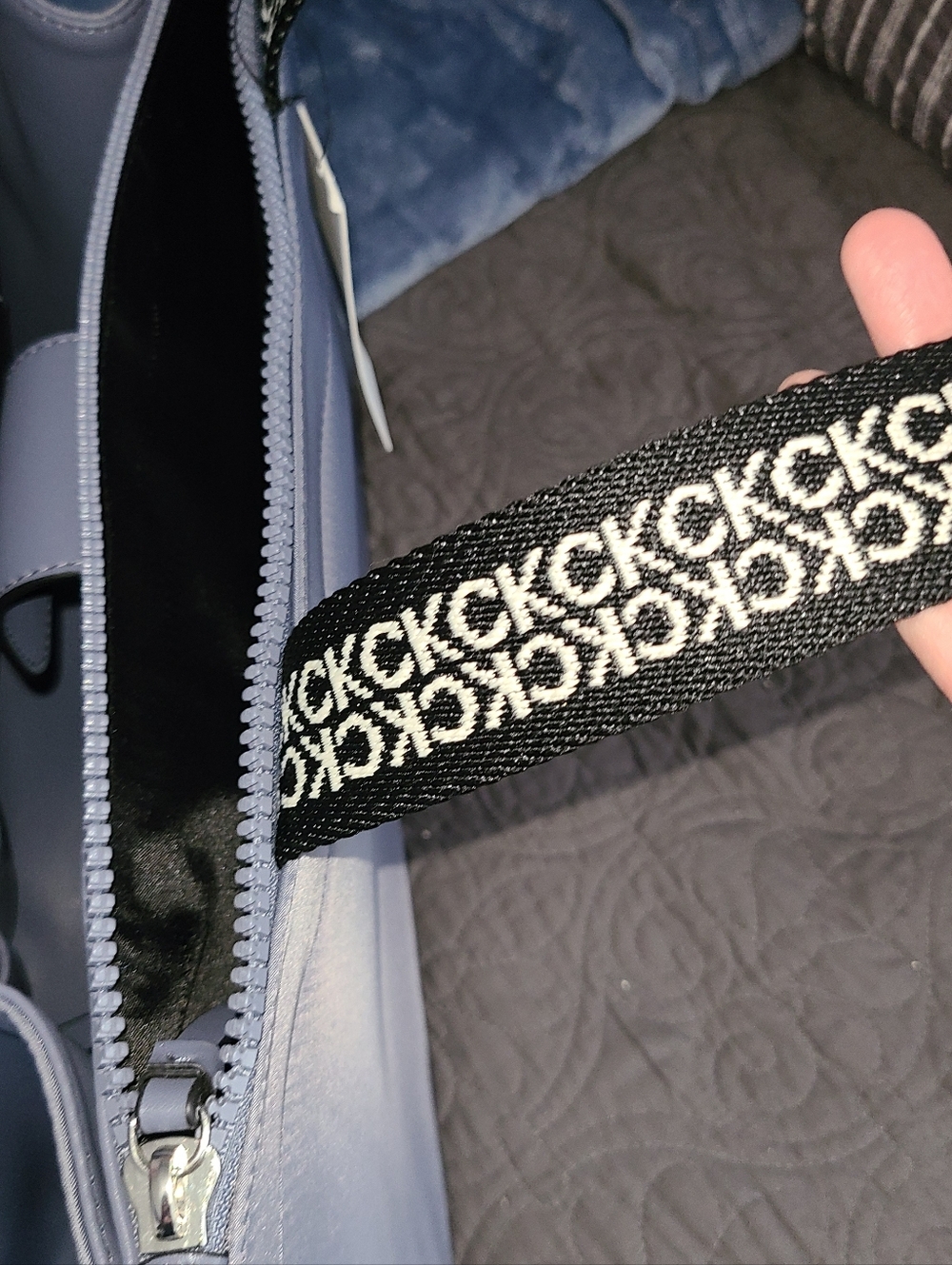 NWT! Calvin Klein Dusty Blue Tote with Branded White & Black Straps - Picture 11 of 13